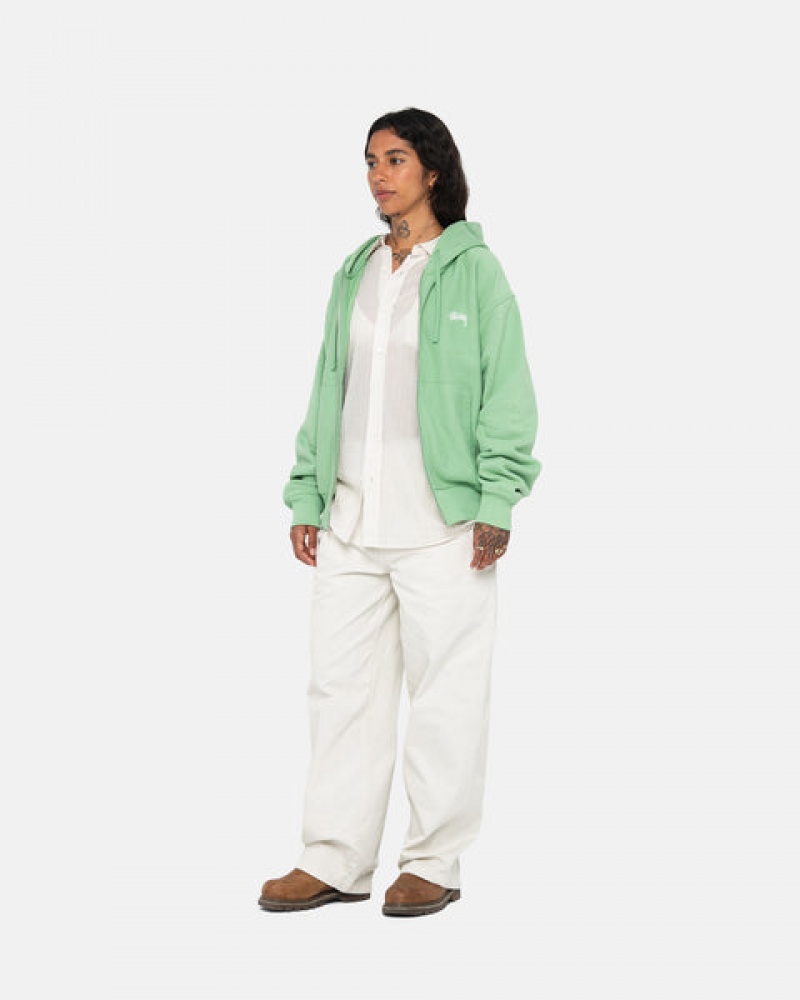 Women's Stussy Stock Logo Zip Hood Sweatshirts Green Ireland | CBL-8739