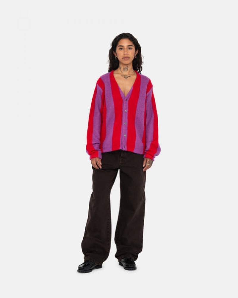 Women's Stussy Stripe Brushed Cardigan Sweaters Purple Ireland | ODM-0775