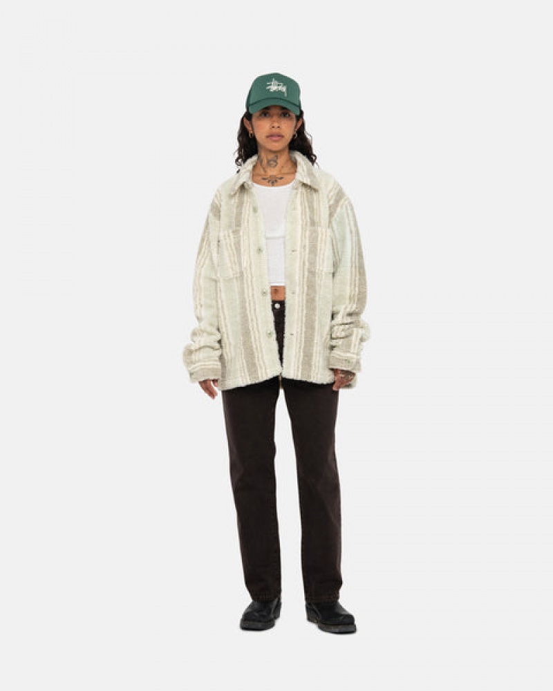 Women's Stussy Striped Sherpa Shirt Jackets Beige Ireland | BIA-3272