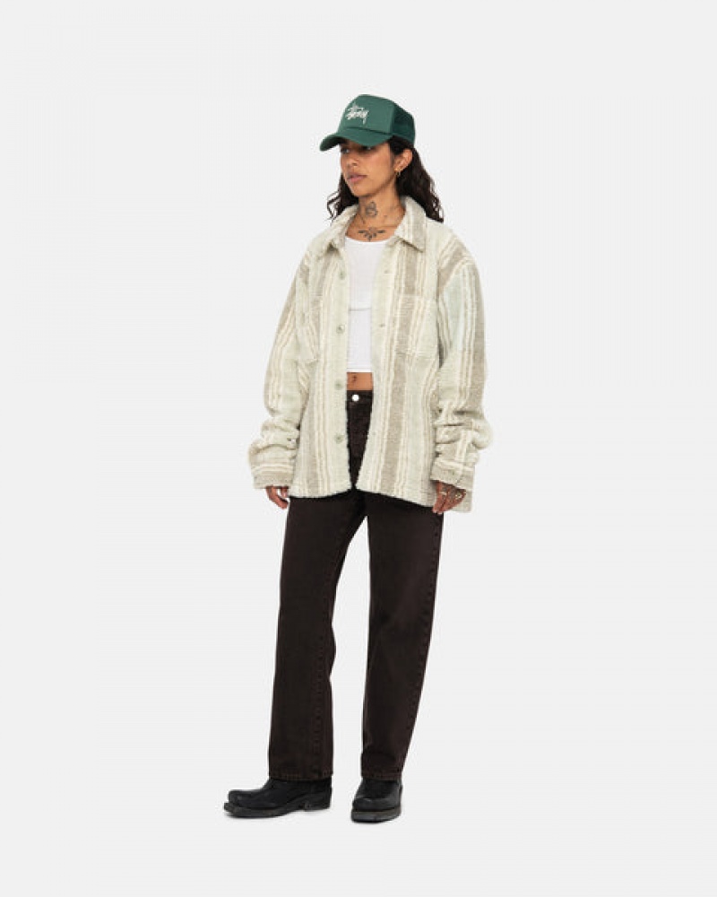 Women's Stussy Striped Sherpa Shirt Jackets Beige Ireland | BIA-3272