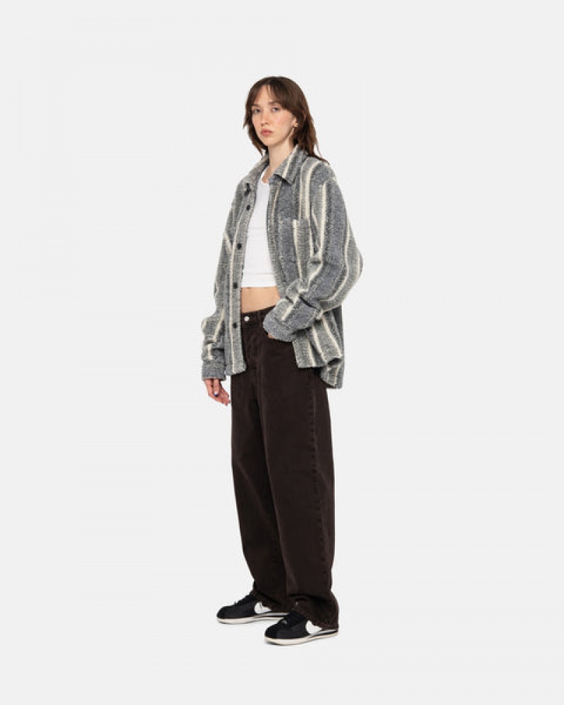 Women's Stussy Striped Sherpa Shirt Jackets Charcoal Ireland | NZG-0380